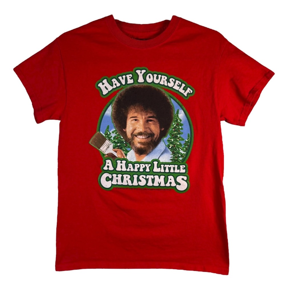 Bob Ross Men's S‎ Red Christmas Graphic Tee Funny Retro Holiday Shirt